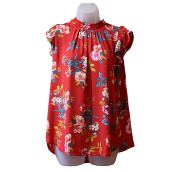 LOFT Tops - LOFT Red Floral Ruffled Sleeve Blouse Smocked Mock Neck Medium